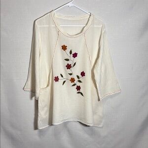 Cream and Red Embellished 3/4 Sleeve Blouse,Size L